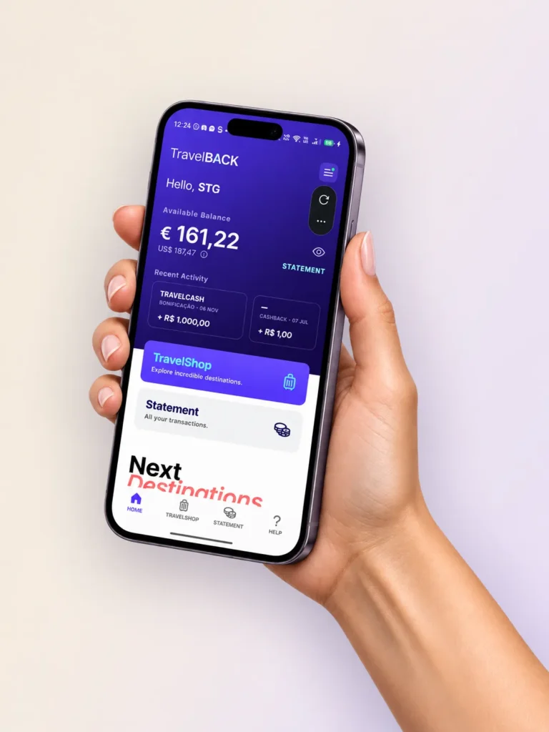 Mockup do app TravelBACK no smartphone